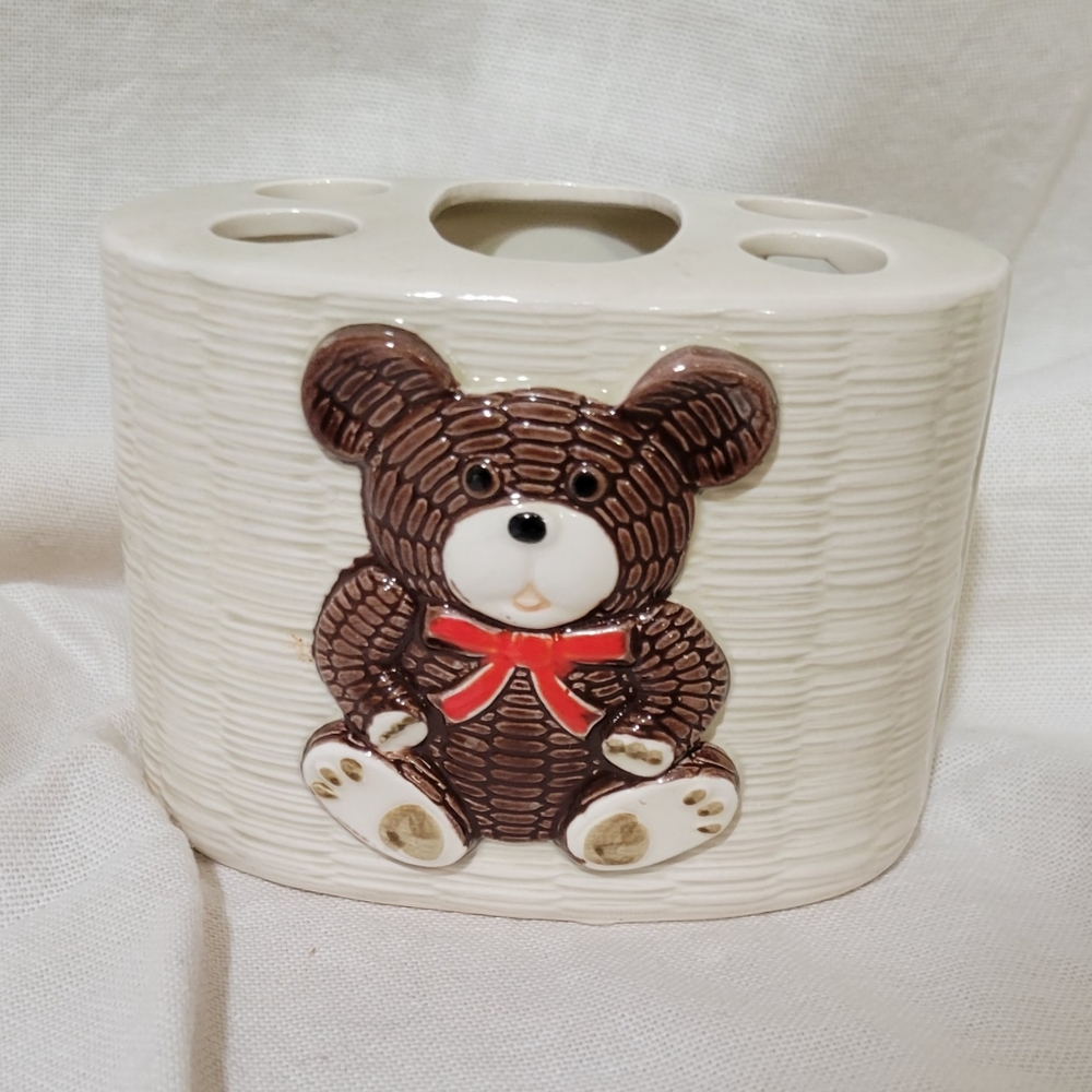 Vintage 1982 Otagiri Teddy Bear Ceramic Toothbursh Holder